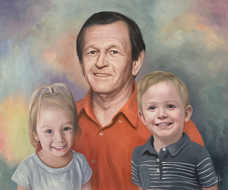 Custom oil artwork of a man with the two kids