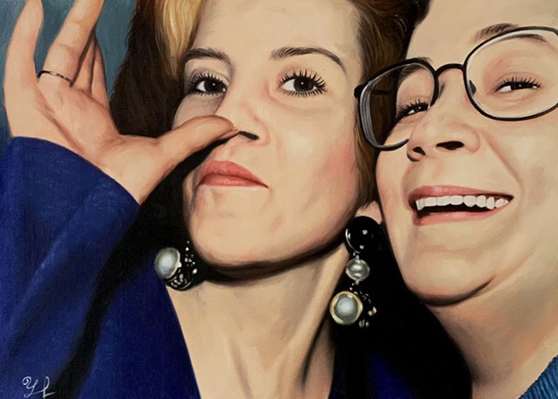 Painting of two women, one playfully pinching her nose, the other laughing.