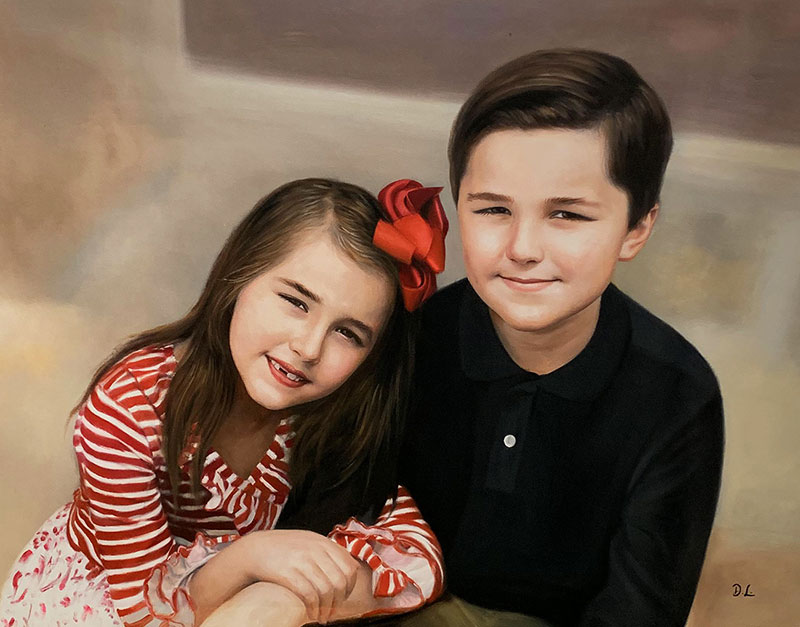 Beautiful oil portrait of a sister and brother