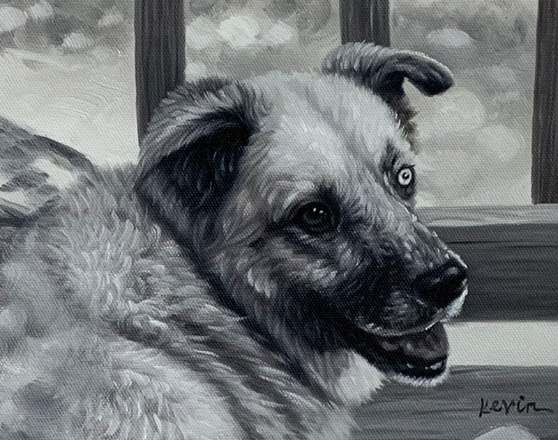 Custom black and white oil artwork of a dog