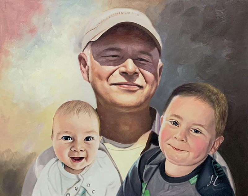 Painting of a man with a baby and toddler.