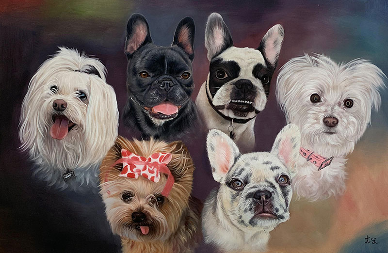 Painting of five dogs: two Maltese, two French bulldogs, and a Yorkshire terrier.