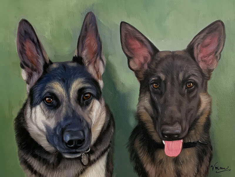 Painting of two German Shepherd dogs.