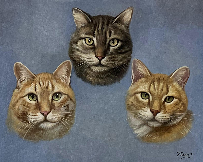 Painting of three cats` heads, one tabby and two orange tabby cats.