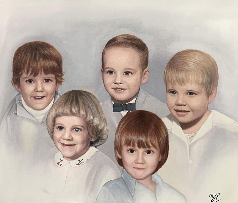 Beautiful handmade vintage oil painting of the five children