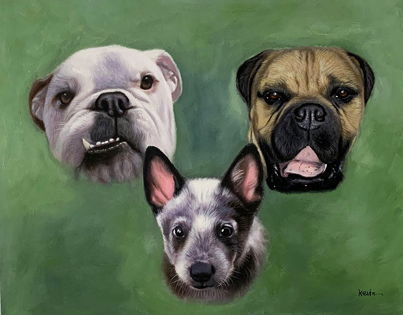 Painting of three dogs: a white bulldog, a tan bullmastiff, and a blue heeler.