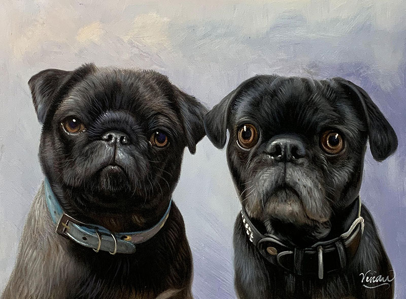 Painting of two black pugs wearing collars.