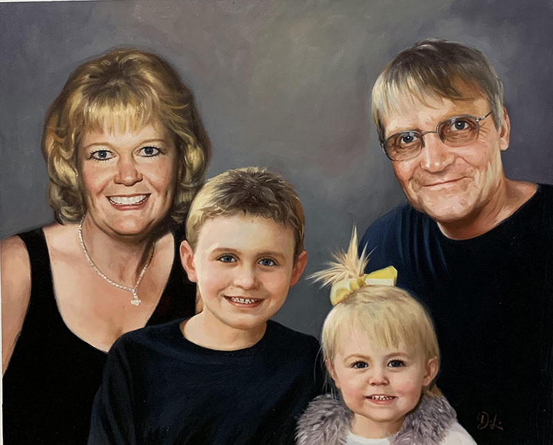 Family portrait painting, mother, father, son, and daughter.