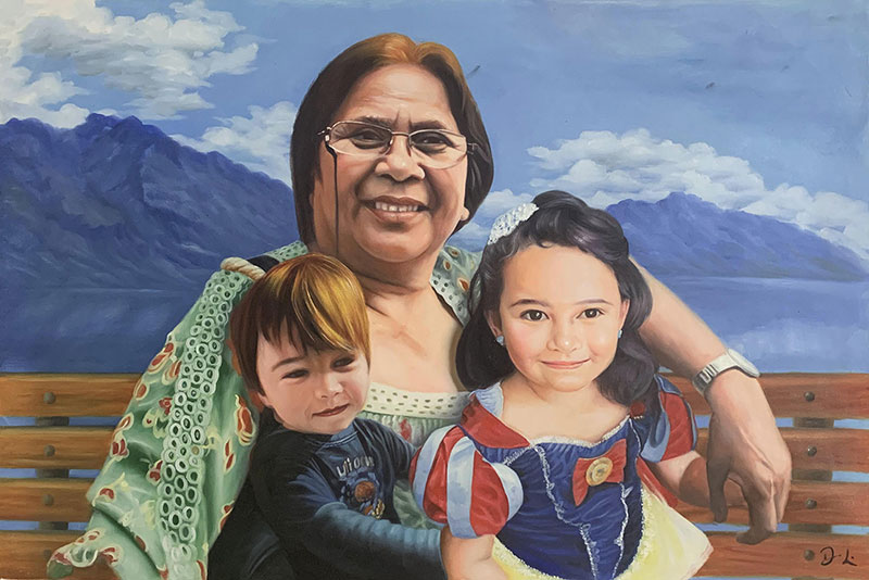 Handmade acrylic painting of a woman with two kids