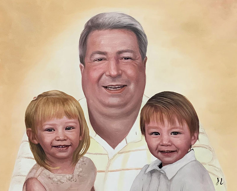 Custom oil painting of a grandfather with two grandkids