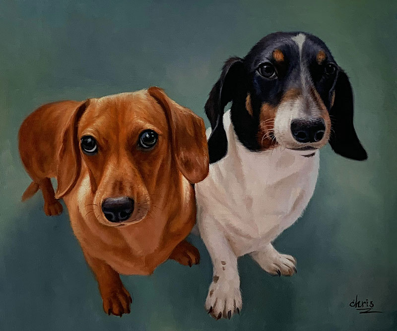 Painting of two dachshunds sitting and looking up at the viewer. One is reddish-brown, the other black and white.