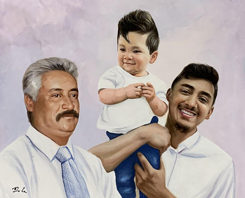 Painted portrait of three generations of a family: an older man, a younger man, and a toddler.