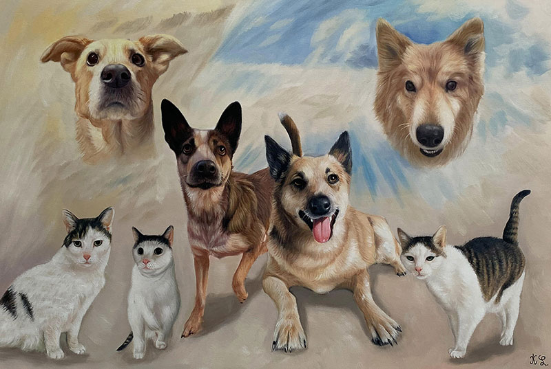 Beautiful oil painting of four dogs and three cats