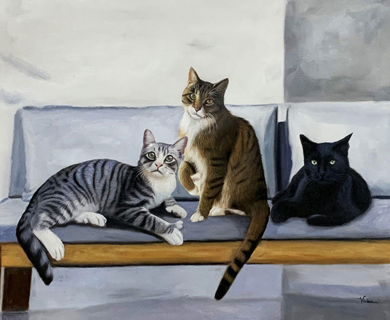 Custom handmade oil painting of three cats