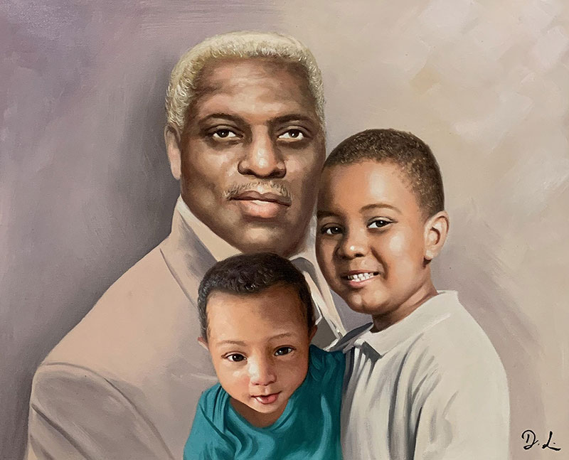 Beautiful acrylic painting of a man with two kids
