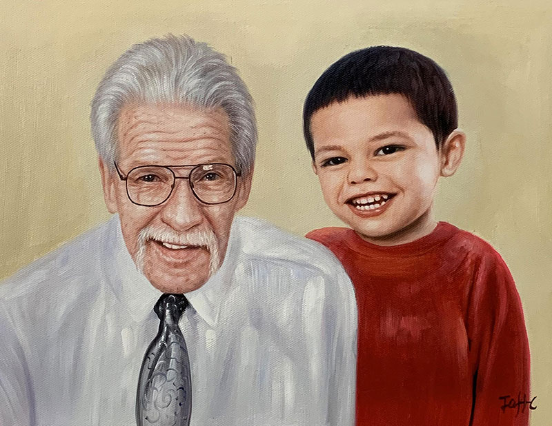 Gorgeous oil painting of a grandfather and a grandson