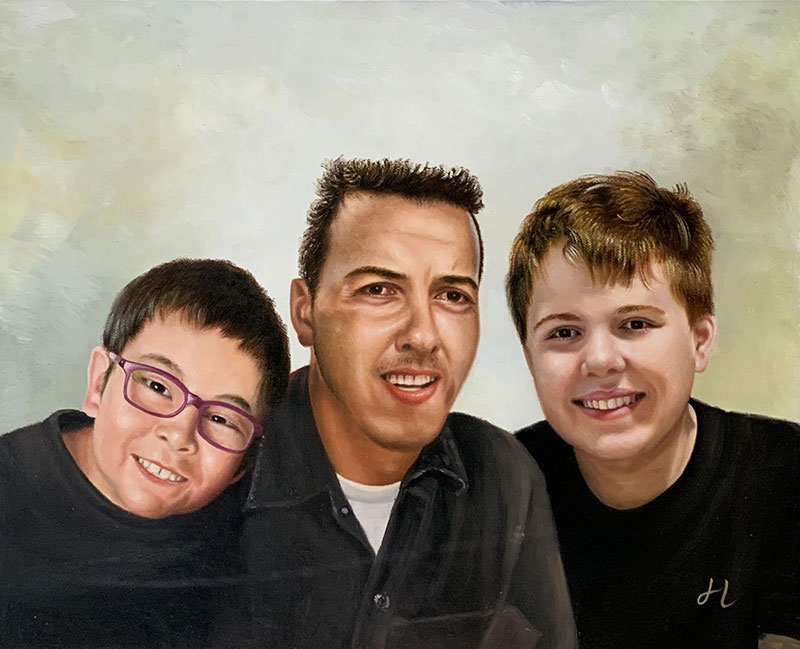 Custom oil painting of a father with two children