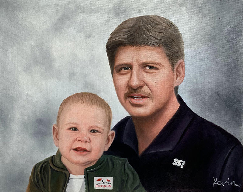 Painted portrait of a man and a baby.