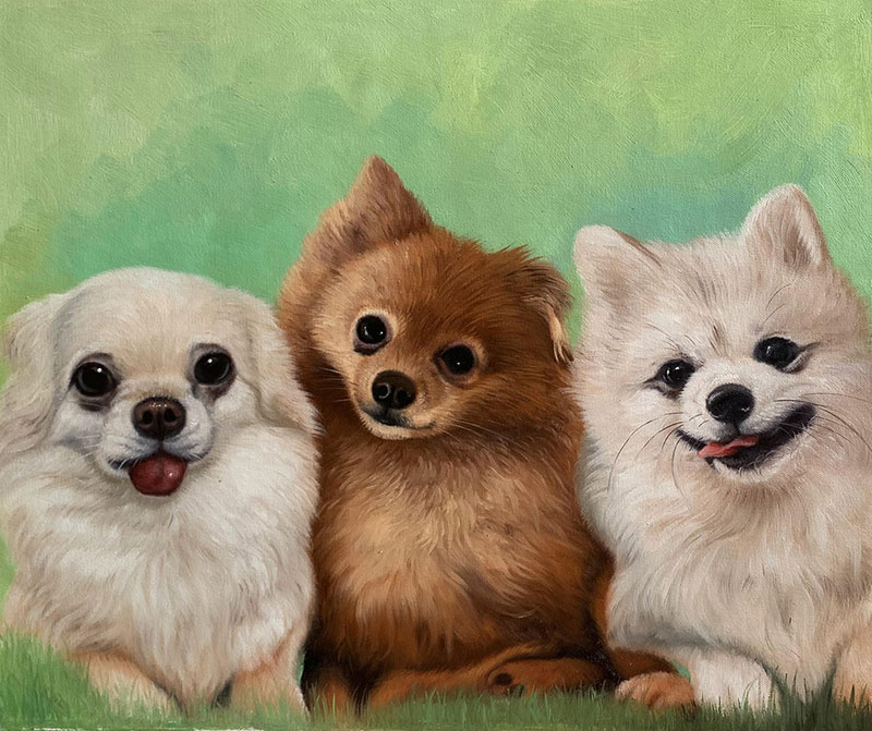 Painting of three small dogs sitting together.