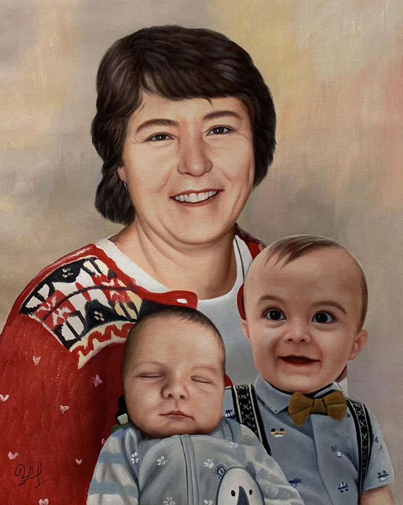 Oil painting of a woman holding two babies.