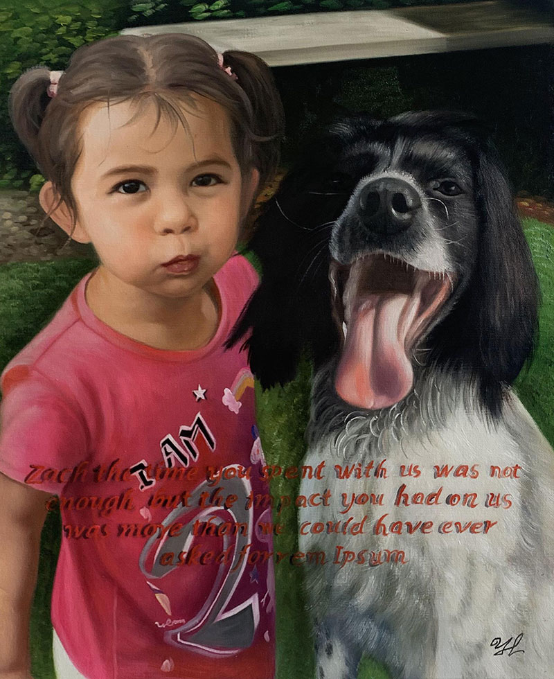 Painting of a young girl with pigtails and a dog.