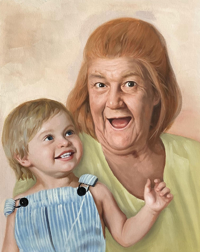 Painting of a laughing older woman and a smiling toddler.