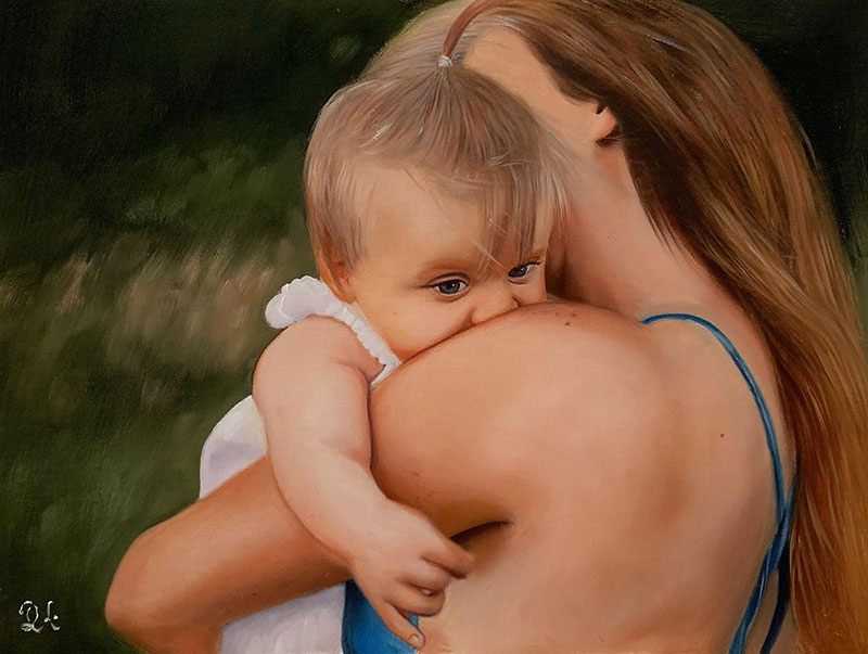 Painting of a mother and baby embracing