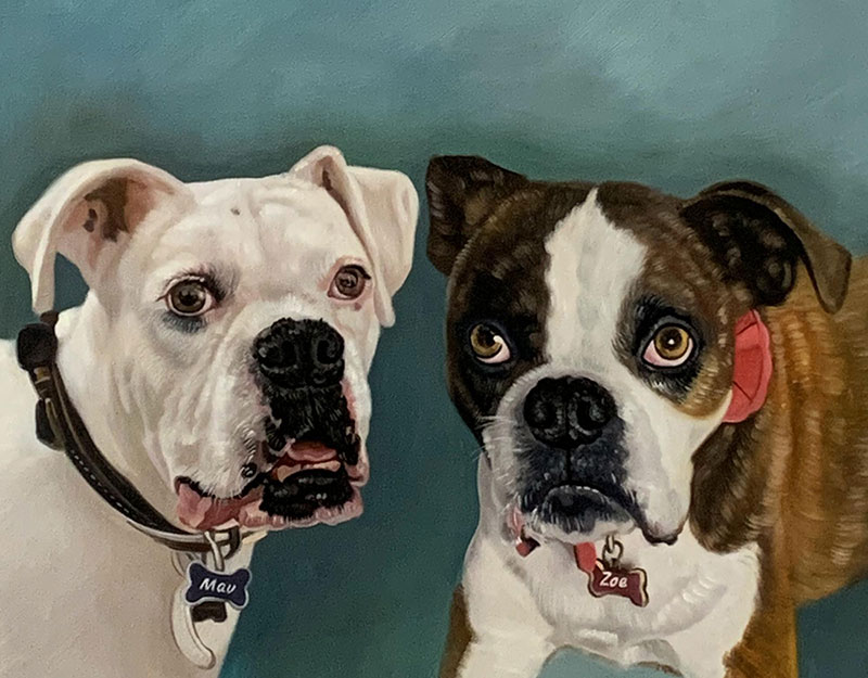 Custom oil painting of two dogs with a solid background