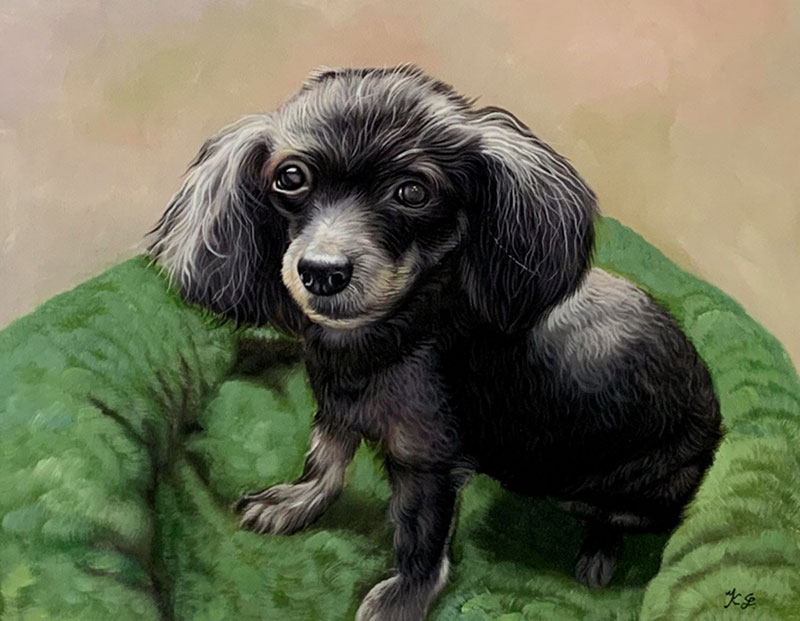 Painting of a small, dark-haired dog sitting on a green cushion.