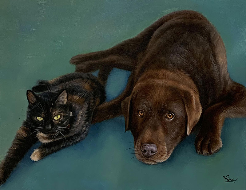 Painting of a chocolate Labrador and a tortoiseshell cat lying down.