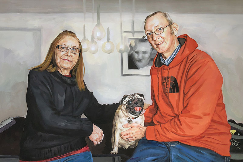 Beautiful pastel painting of a couple with dog