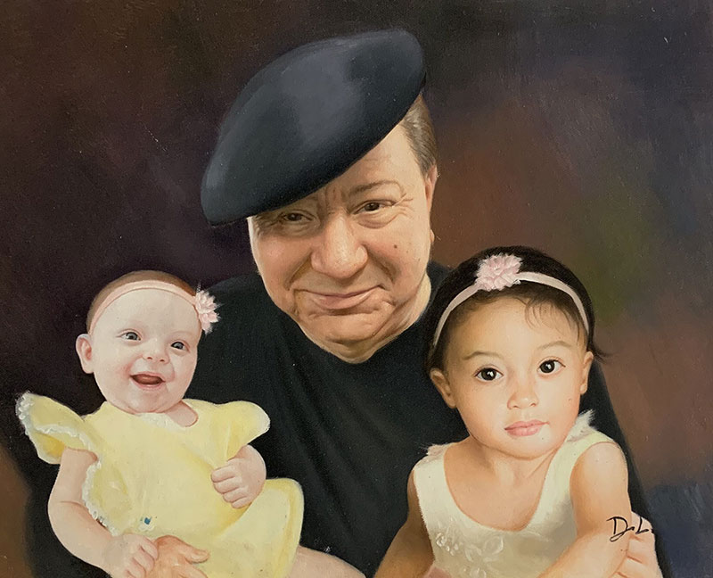 Gorgeous oil painting of a grandfather and grand kids