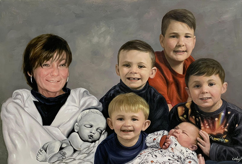 Beautiful oil artwork of a lady with six children