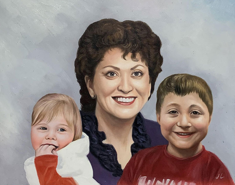 Personalized oil painting of a woman with two kids
