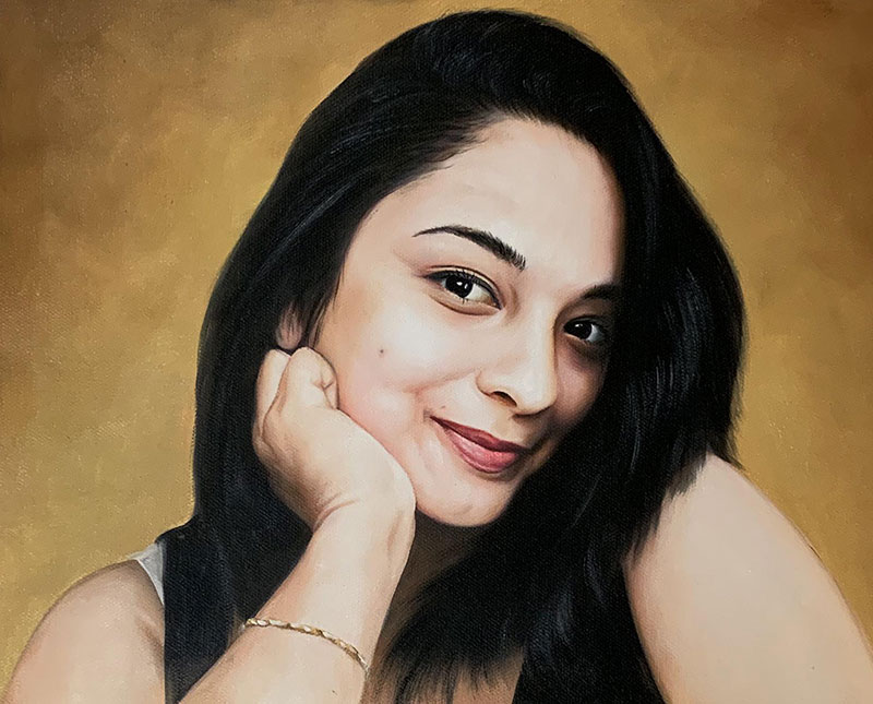 Beautiful oil portrait of a girl with a solid background