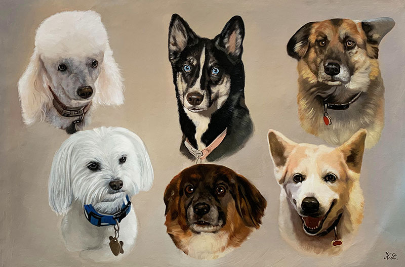 Painting of six dogs` heads: a white poodle, a black and white husky, a German Shepherd, a white Maltese, a brown dog, and a cream-colored dog.