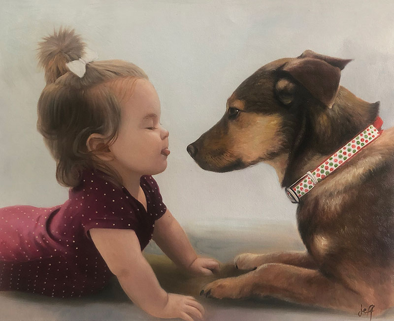 Beautiful oil painting of a baby girl with dog