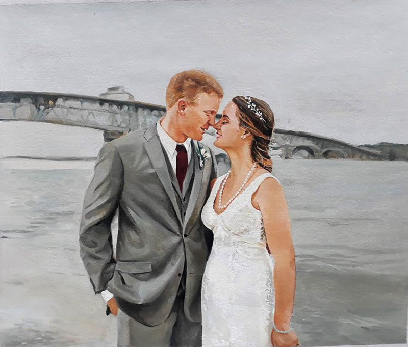 Beautiful oil painting of a bride and a groom