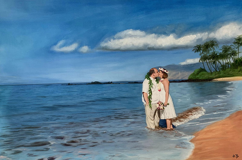 Gorgeous oil painting of a just married couple