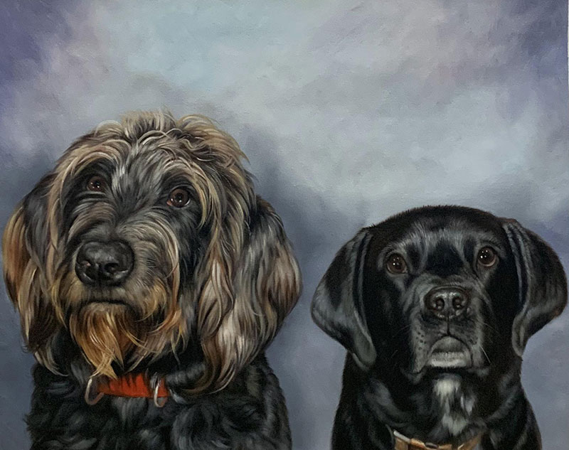 Custom oil artwork of two dogs with a solid background