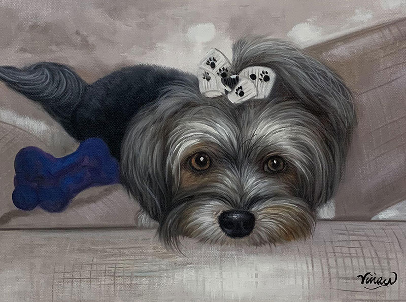 Custom oil painting of a dog with a bow
