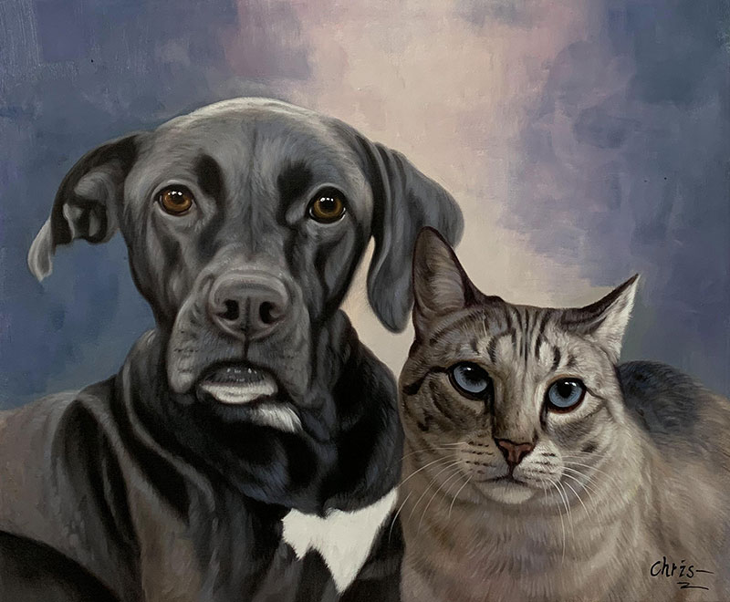 Painting of a black dog and a grey cat