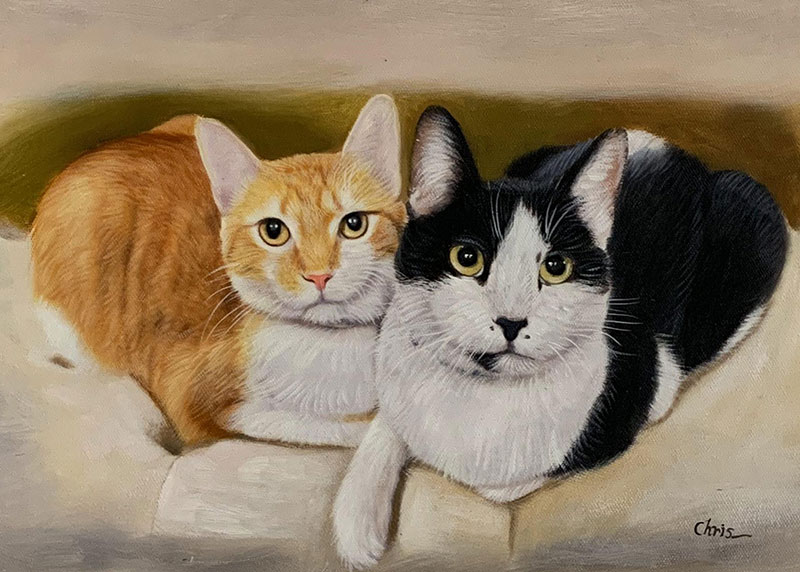 Custom handmade oil artwork of two cats