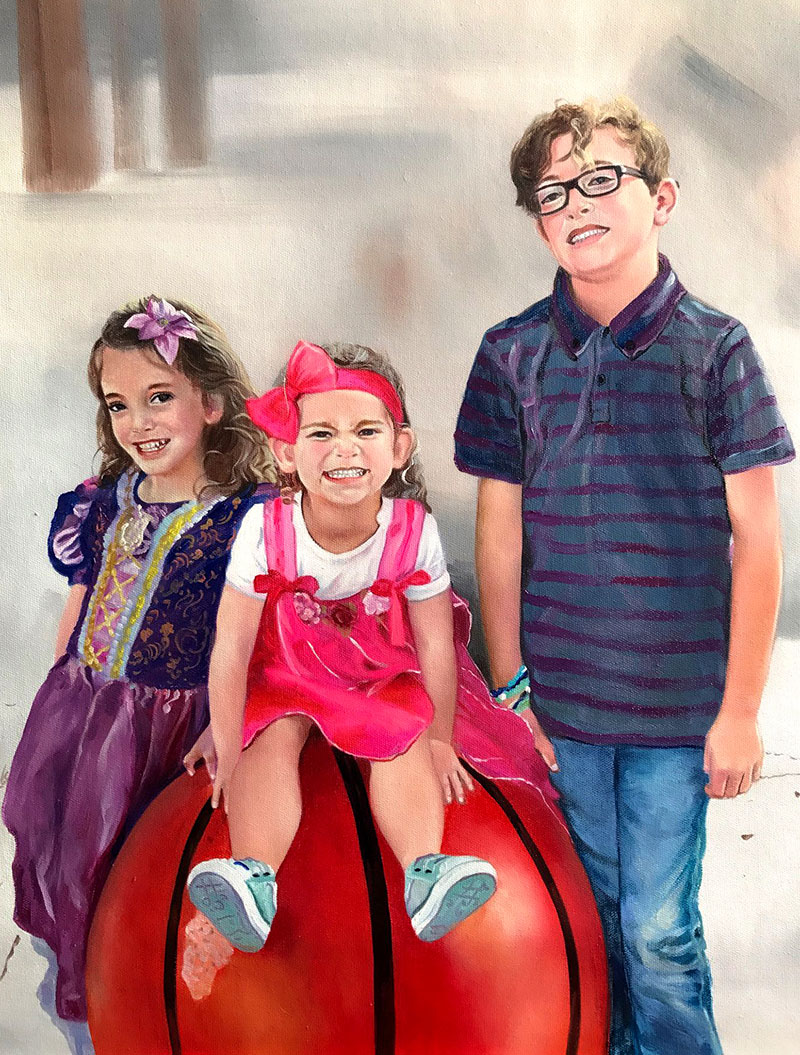 an oil painting of siblings posing together. 