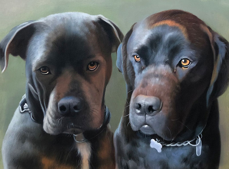 Painting of two black dogs sitting side by side.