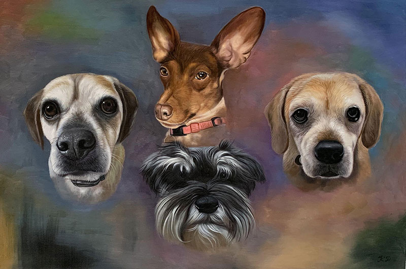 Painting of four dogs: a light tan dog, a brown dog, a miniature schnauzer, and a light golden dog.