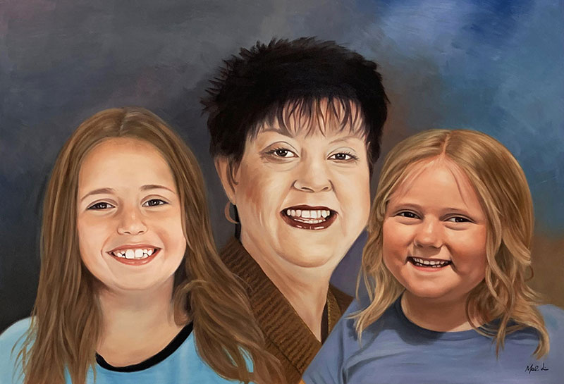 Painted portrait of a woman with two young girls.