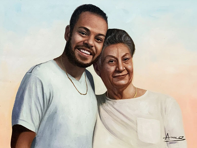 Beautiful acrylic painting of a mother and a son