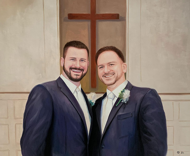 Custom oil painting of two adults in suits 