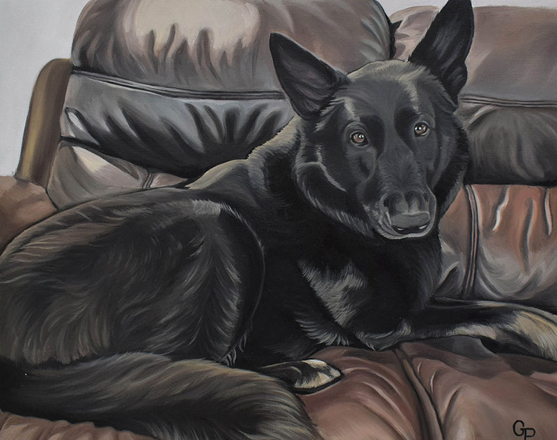handmade oil portraot of black shepherd on couch